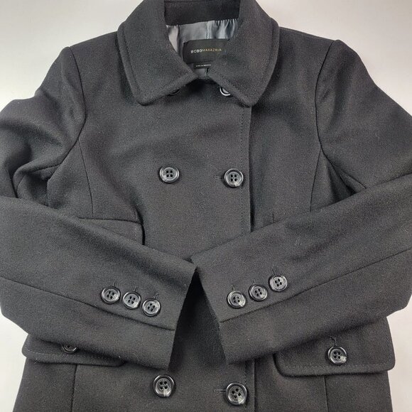 BCBGMAXAZRIA Coat Black Long Sleeve Lined Double Breasted Wool Rayon Acrylic M - Picture 7 of 10